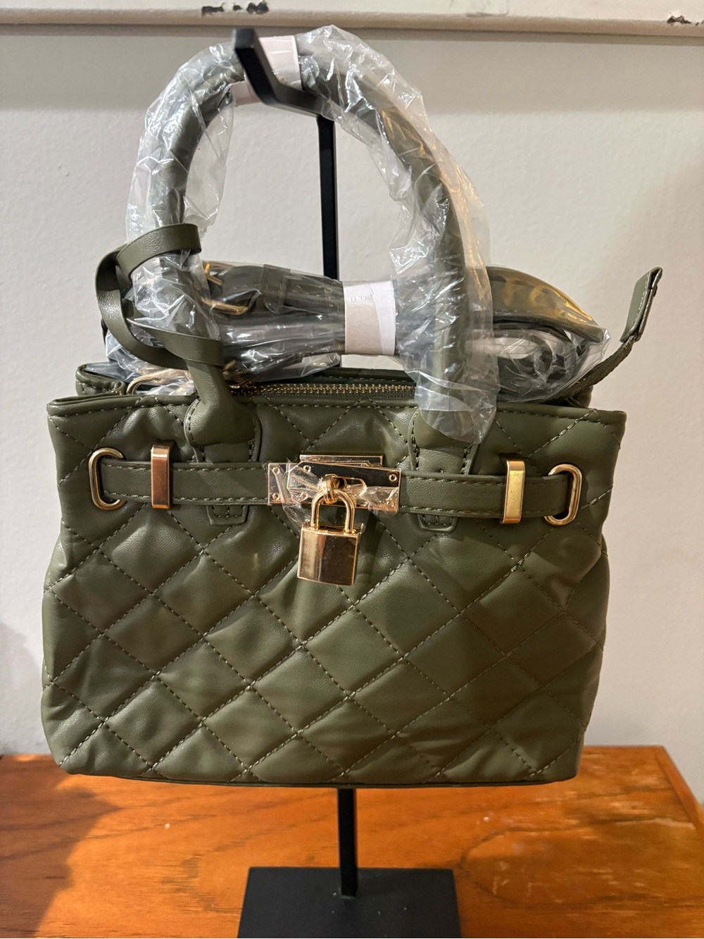 *NEW* Badgley Mischka Olive  Quilted Top-Handle Satchel with Gold Padlock